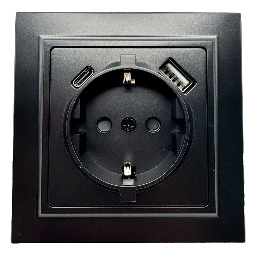 Розетка 1-я с/з с шторками с USB и TYPE C (5В, 2.1А) чёрная матовая